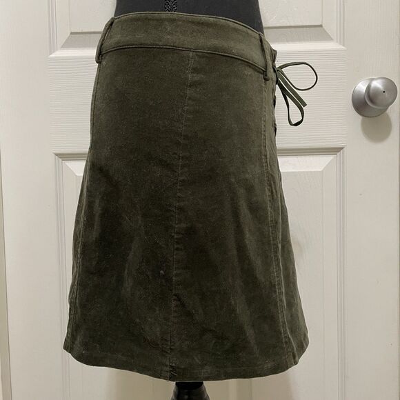 Forever 21 Lace Up Corduroy Mini Skirt Olive Green Velvety Soft Grunge Sz Small - Picture 4 of 9